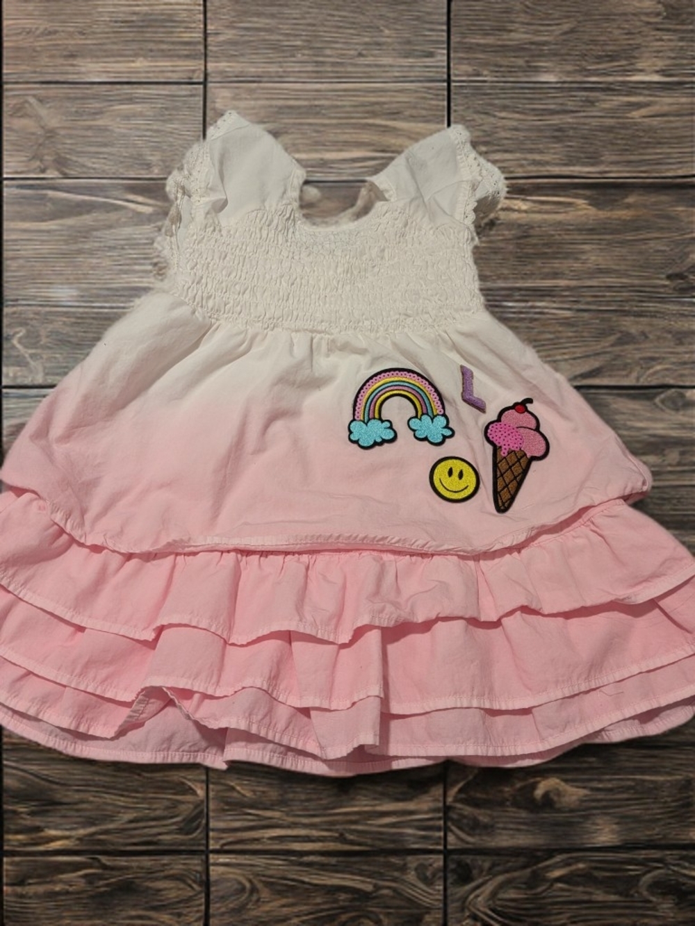 Monica + Andy Girls Pink Ombre Ruffle Dress Rainbow & Ice Cream Patches Size 3T